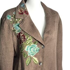 COLDWATER CREEK Women's‎ 18 Brown Wool Tweed Blazer Embroidered Flowers Vintage